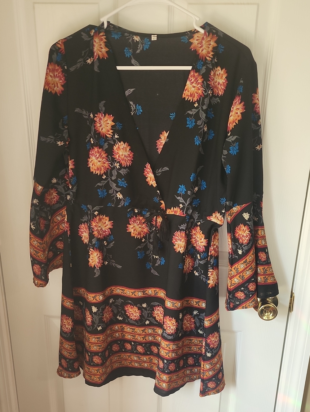 Black Floral Long-Sleeve Wrap Tunic with Orange & Blue Flowers